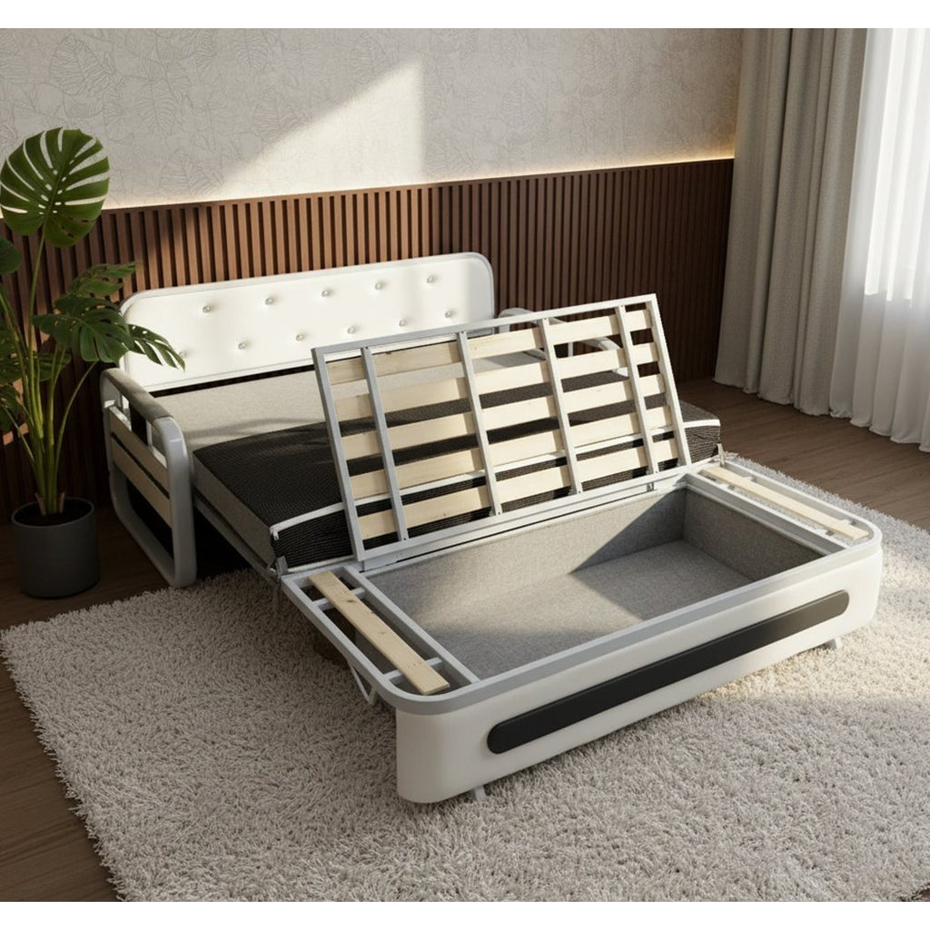 Pull-Out Linen Sofa Bed, 50.4inch Wide (128cm), Large Under-Seat Storage Compartment for Bedding, Multi-Functional Furniture for Studio Flats