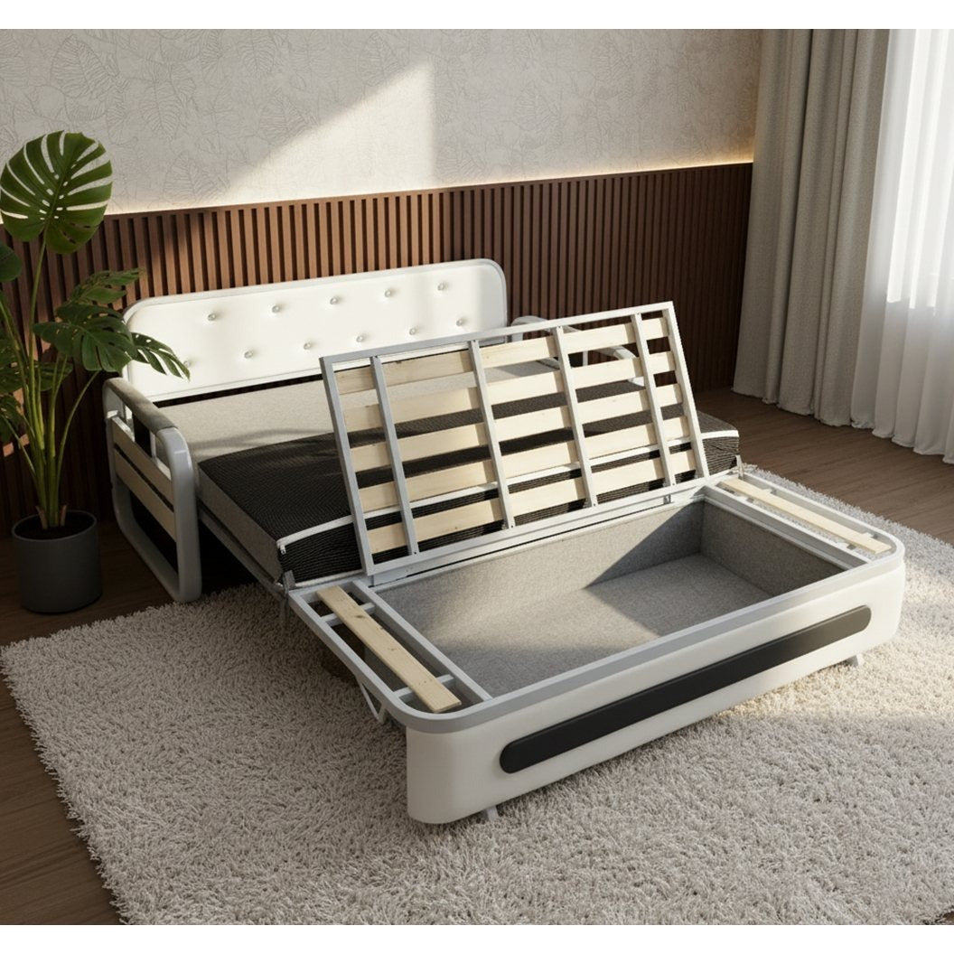 Pull-Out Linen Sofa Bed, 50.4inch Wide (128cm), Large Under-Seat Storage Compartment for Bedding, Multi-Functional Furniture for Studio Flats