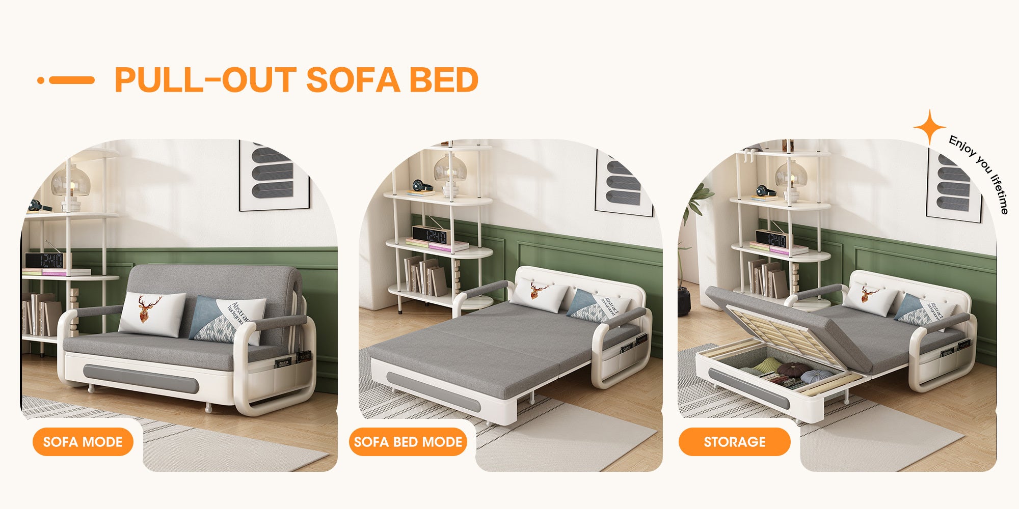 Pull-Out Linen Sofa Bed, 50.4inch Wide (128cm), Large Under-Seat Storage Compartment for Bedding, Multi-Functional Furniture for Studio Flats