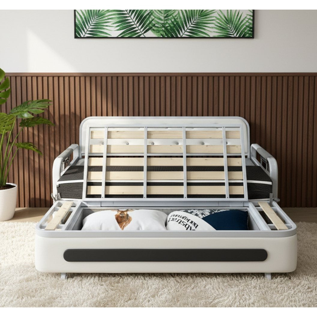 Pull-Out Linen Sofa Bed, 50.4inch Wide (128cm), Large Under-Seat Storage Compartment for Bedding, Multi-Functional Furniture for Studio Flats