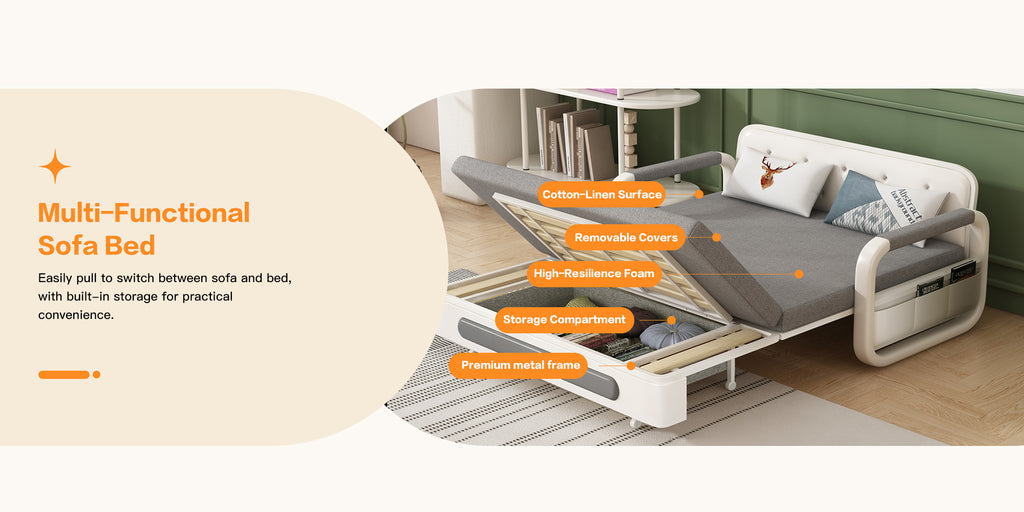 Pull-Out Linen Sofa Bed, 50.4inch Wide (128cm), Large Under-Seat Storage Compartment for Bedding, Multi-Functional Furniture for Studio Flats