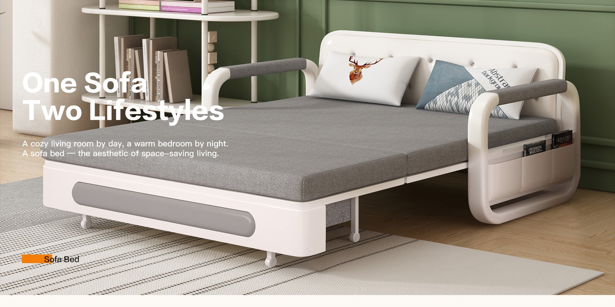 Pull-Out Linen Sofa Bed, 50.4inch Wide (128cm), Large Under-Seat Storage Compartment for Bedding, Multi-Functional Furniture for Studio Flats