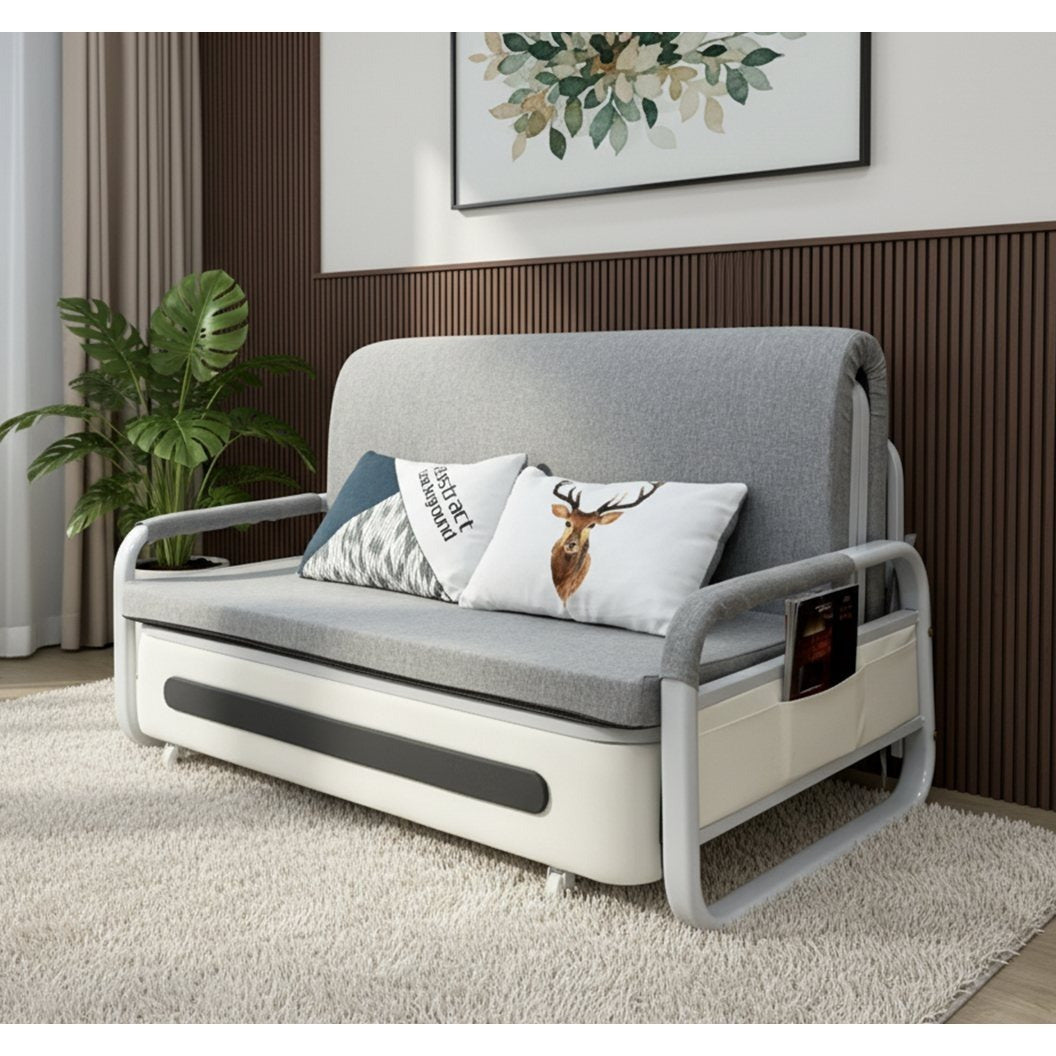 Pull-Out Linen Sofa Bed, 50.4inch Wide (128cm), Large Under-Seat Storage Compartment for Bedding, Multi-Functional Furniture for Studio Flats