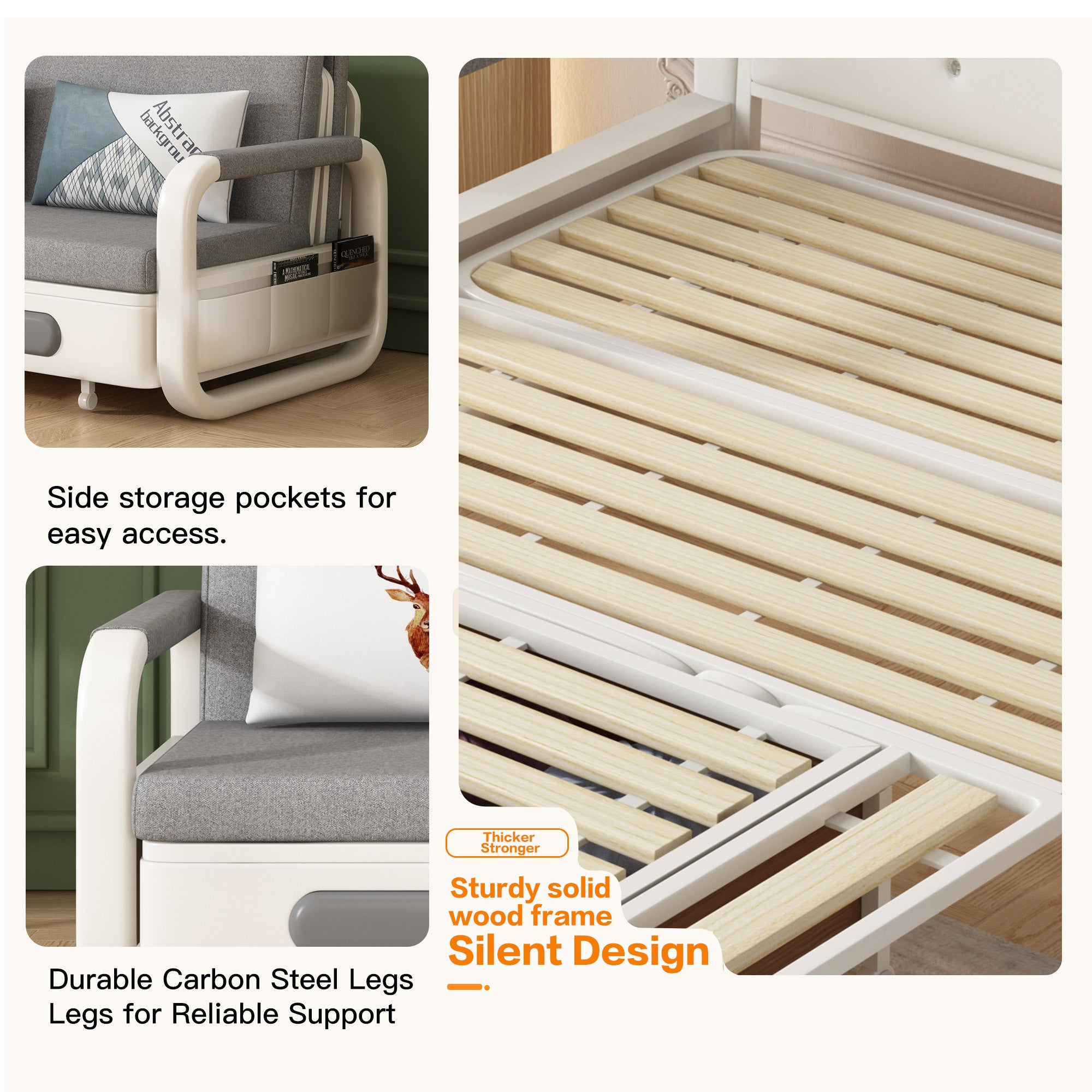 Pull-Out Linen Sofa Bed, 50.4inch Wide (128cm), Large Under-Seat Storage Compartment for Bedding, Multi-Functional Furniture for Studio Flats