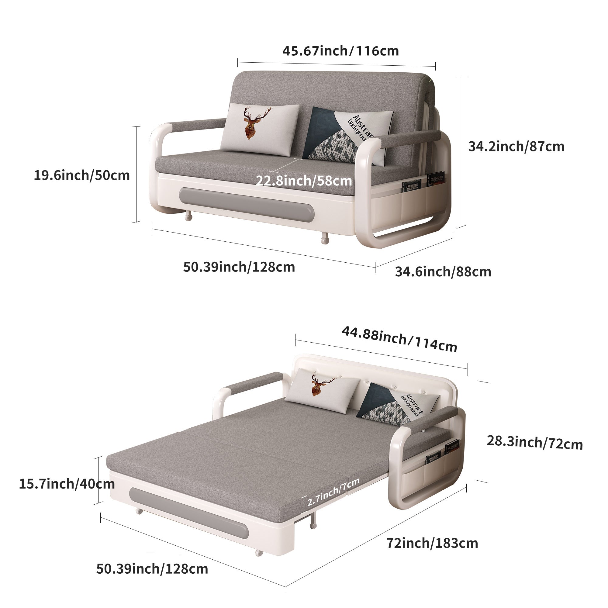 Pull-Out Linen Sofa Bed, 50.4inch Wide (128cm), Large Under-Seat Storage Compartment for Bedding, Multi-Functional Furniture for Studio Flats