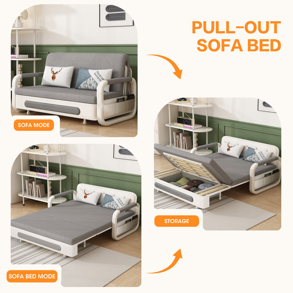 Pull-Out Linen Sofa Bed, 50.4inch Wide (128cm), Large Under-Seat Storage Compartment for Bedding, Multi-Functional Furniture for Studio Flats